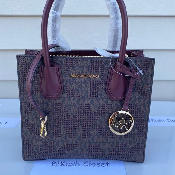 Michael Kors Mercer Messenger Bag Medium Satchel Purse MK Signature Merlot - Picture 8 of 9